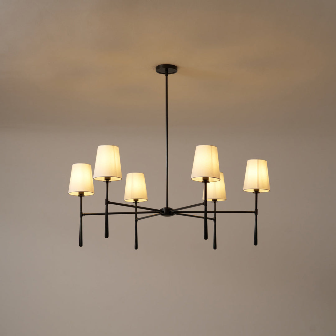 Nevell designer mid-century chandelier; brass elegance for modern living spaces.