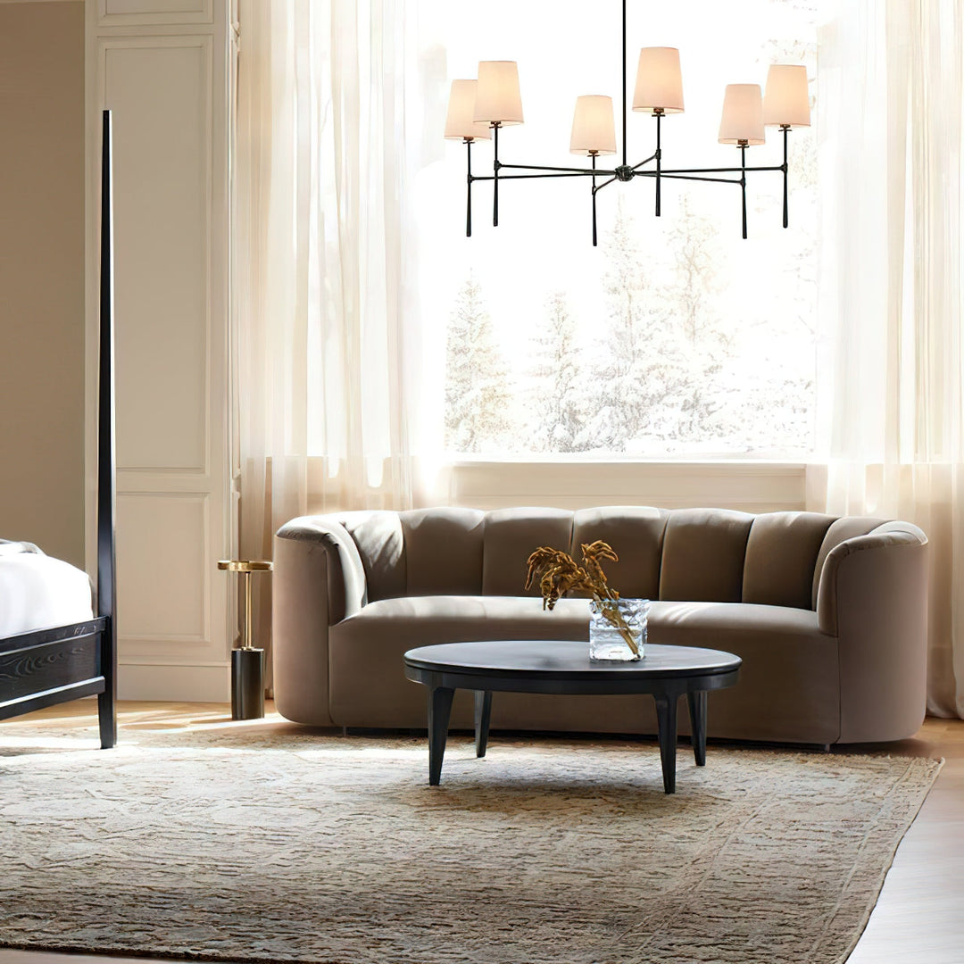 Nevell black chandelier; sleek mid-century style ceiling light for modern homes.