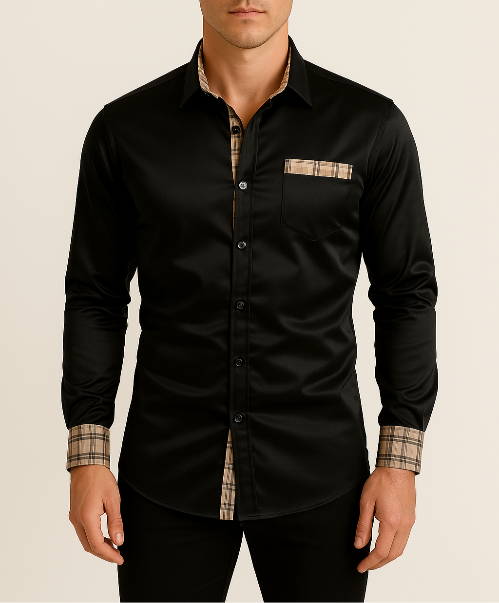 New men's classic black long-sleeve slim fit button-down shirt for versatile casual & formal style.