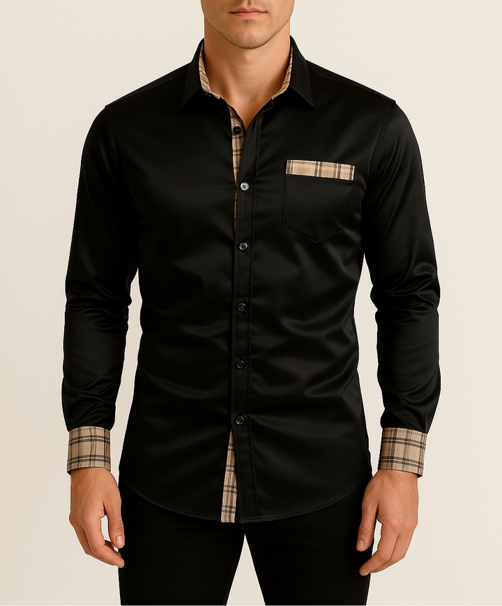 New men's classic black long-sleeve slim fit button-down shirt for versatile casual & formal style.
