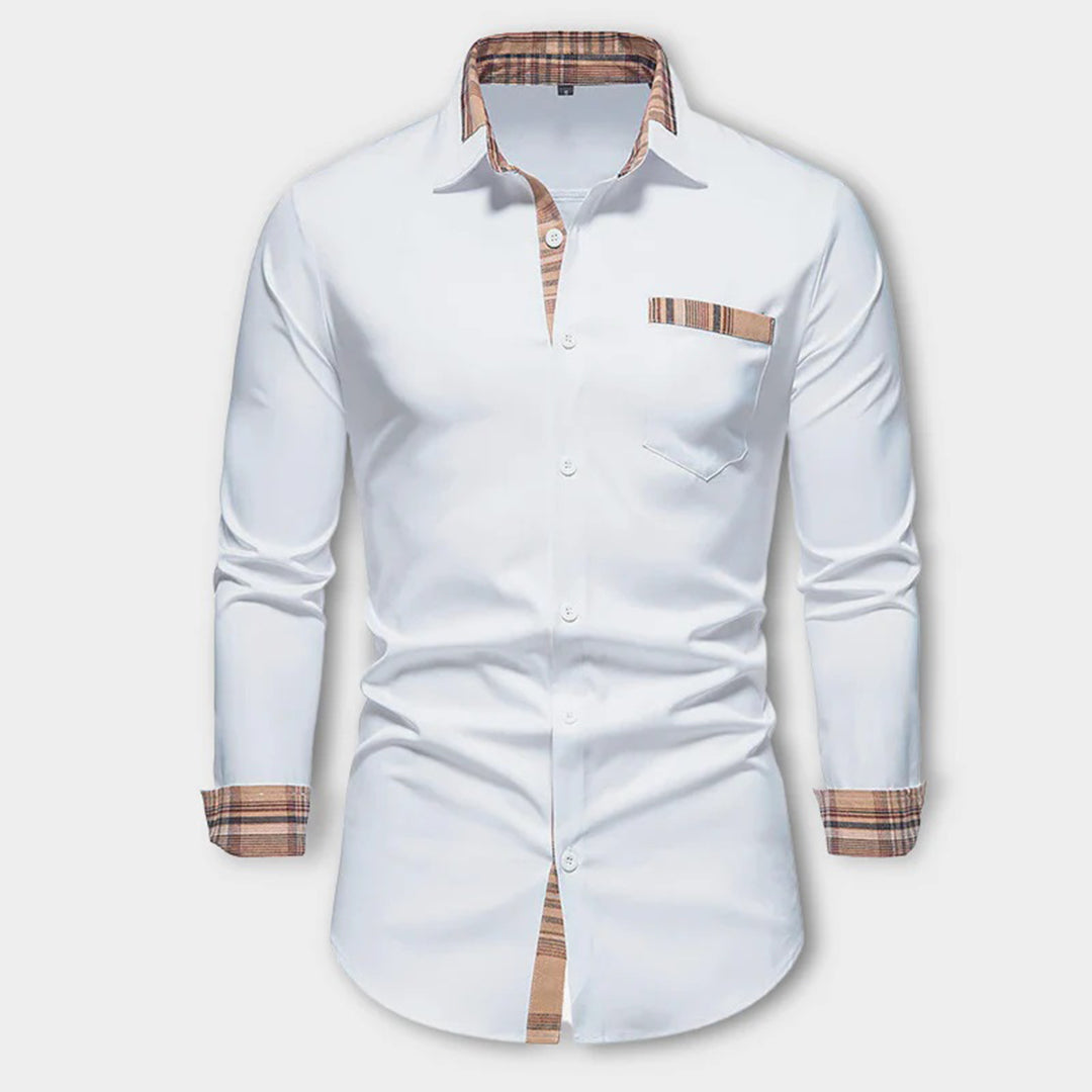 Stylish men's blue long-sleeve shirt, slim fit and classic design. Great for versatile casual & formal wear.