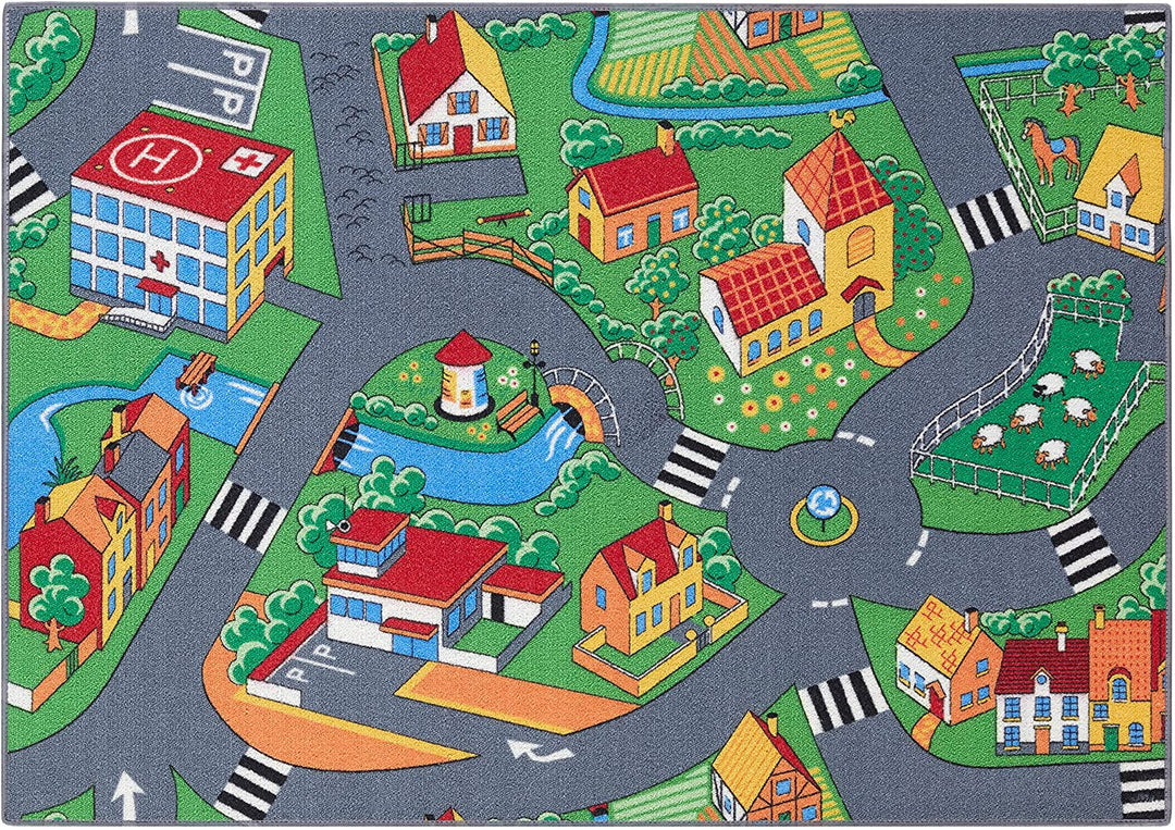 Children's carpet with city street theme, perfect for baby's play area