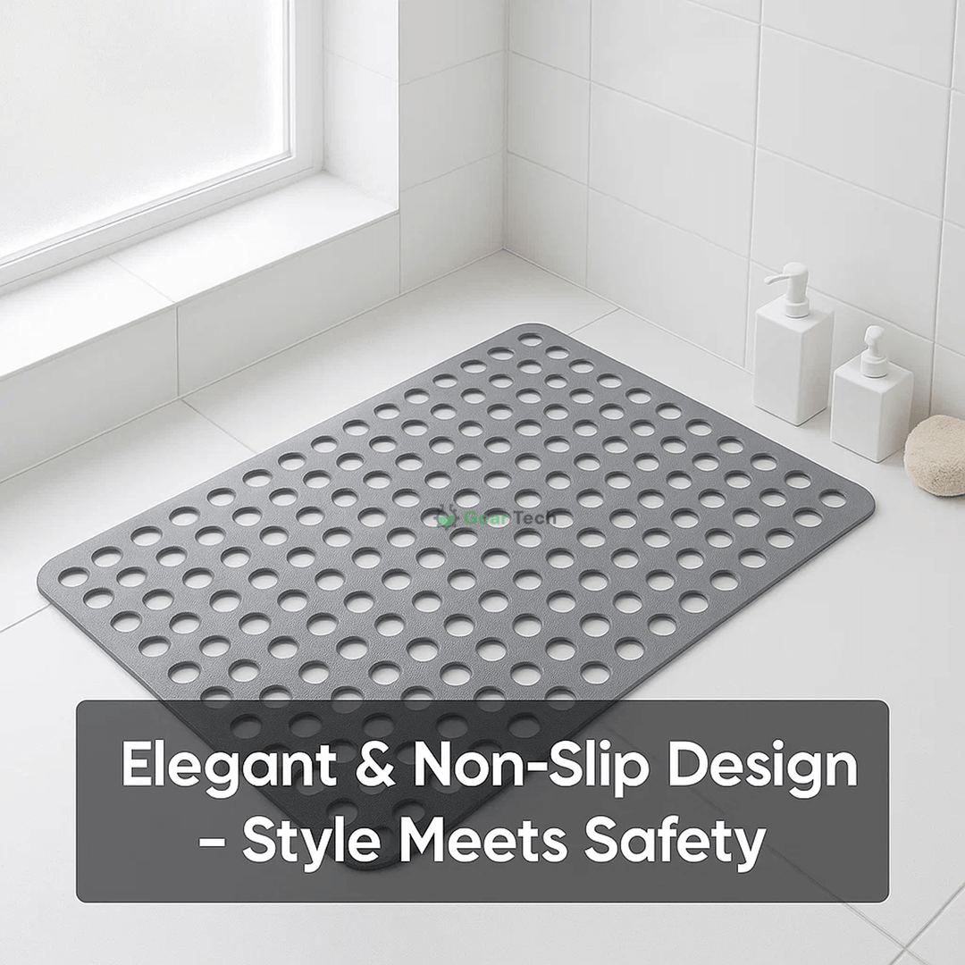 Versatile anti-slip mat for showers, tubs, or any wet bathroom floor. Drainage feature.