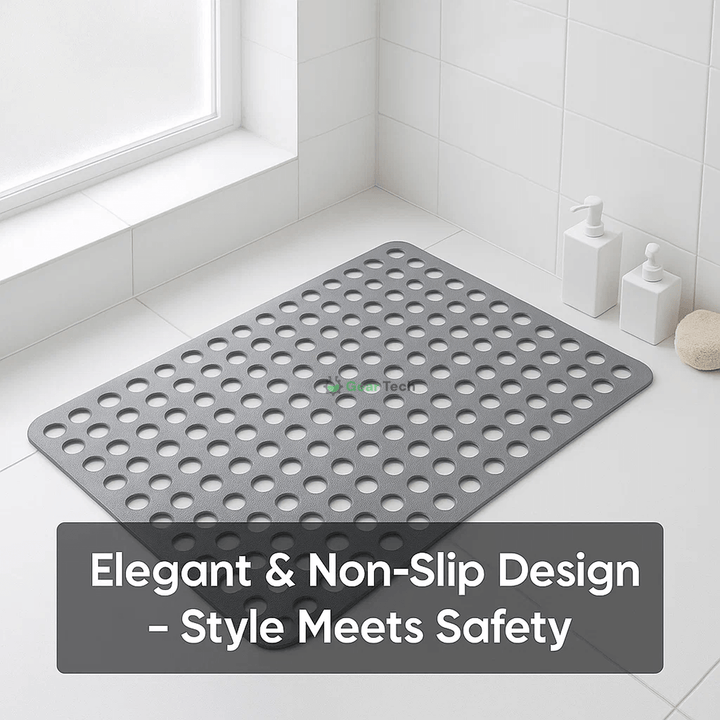 Versatile anti-slip mat for showers, tubs, or any wet bathroom floor. Drainage feature.