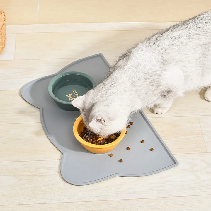 Modern non-slip silicone pet mat designed for cats to prevent spills and keep food contained.