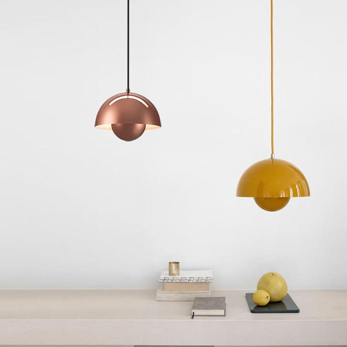 Close-up of a Nordic Dome Pendant Lamp, highlighting its smooth, minimalist design & modern finish. Quality lighting.