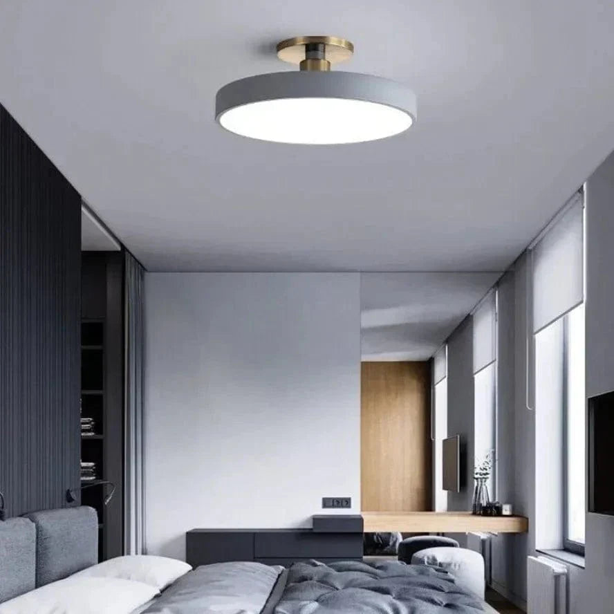 Flush mount Nordic LED light with vibrant macaron colors, bright modern home decor.