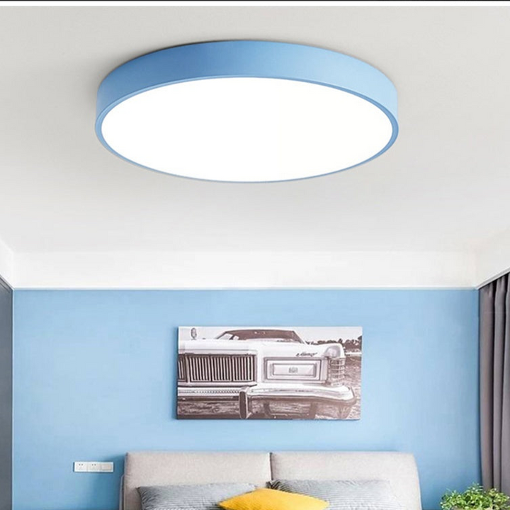 Round, colorful macaroon LED ceiling lamp, a stylish Nordic design for modern home decor.