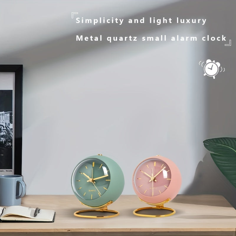 Close-up of a Nordic silent desk clock showcasing its luminous hands and metal build