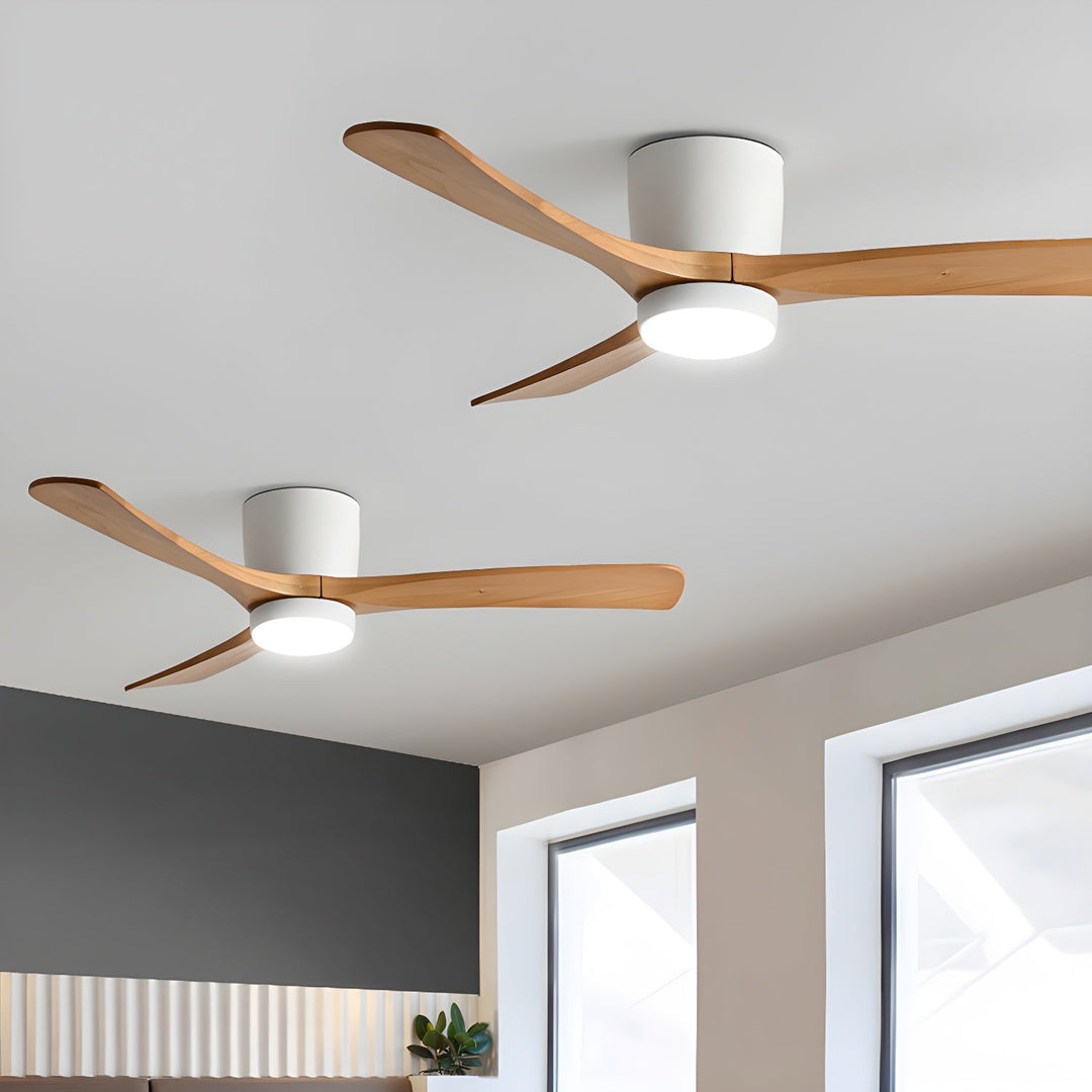 Nordic wooden ceiling fan with remote control & LED light, ideal for modern home decor.