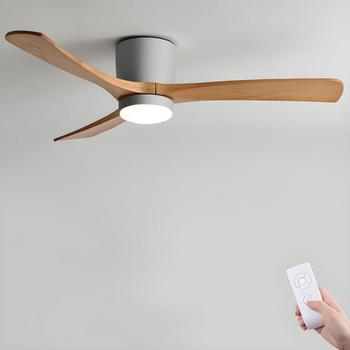 Minimalist Nordic wooden ceiling fan with LED lighting & remote control for modern spaces.