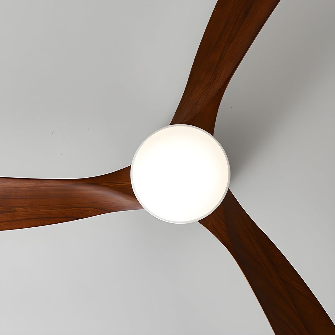Decorative wooden ceiling fan with built-in LED light and remote, a key piece for home decor.