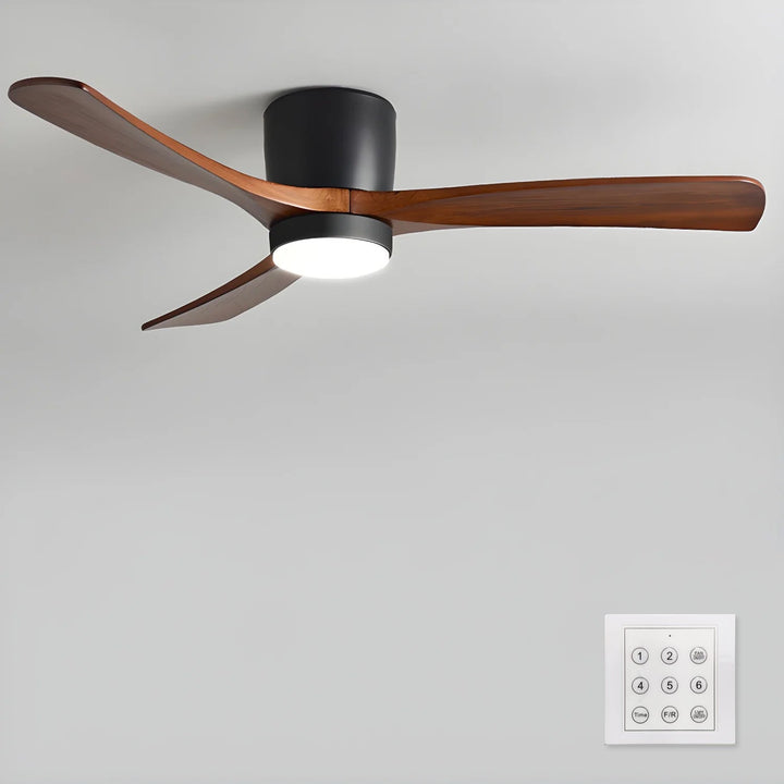 Quiet ceiling fan with wood-look blades, LED light, and remote control for a serene ambiance.