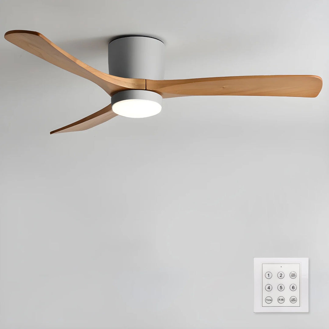 Modern home ceiling fan, Nordic wood design, with remote control and powerful LED light.
