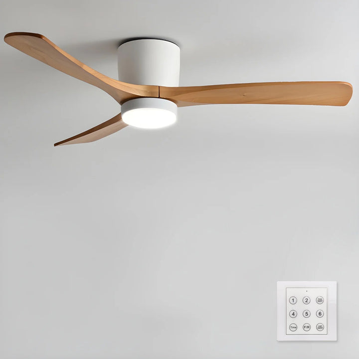 Sleek wooden ceiling fan with integrated LED light and remote for stylish interior design.