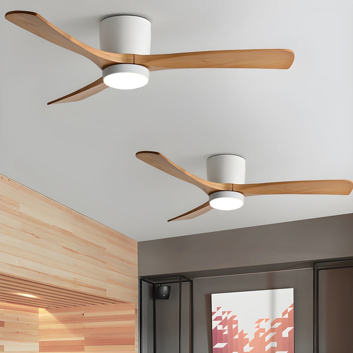 Sleek wooden ceiling fan with integrated LED lighting, perfect for contemporary interior design.