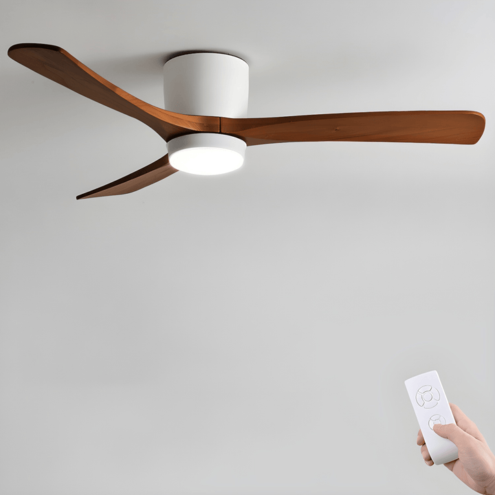 Contemporary wooden ceiling fan, remote-operated, with integrated LED for bright illumination.