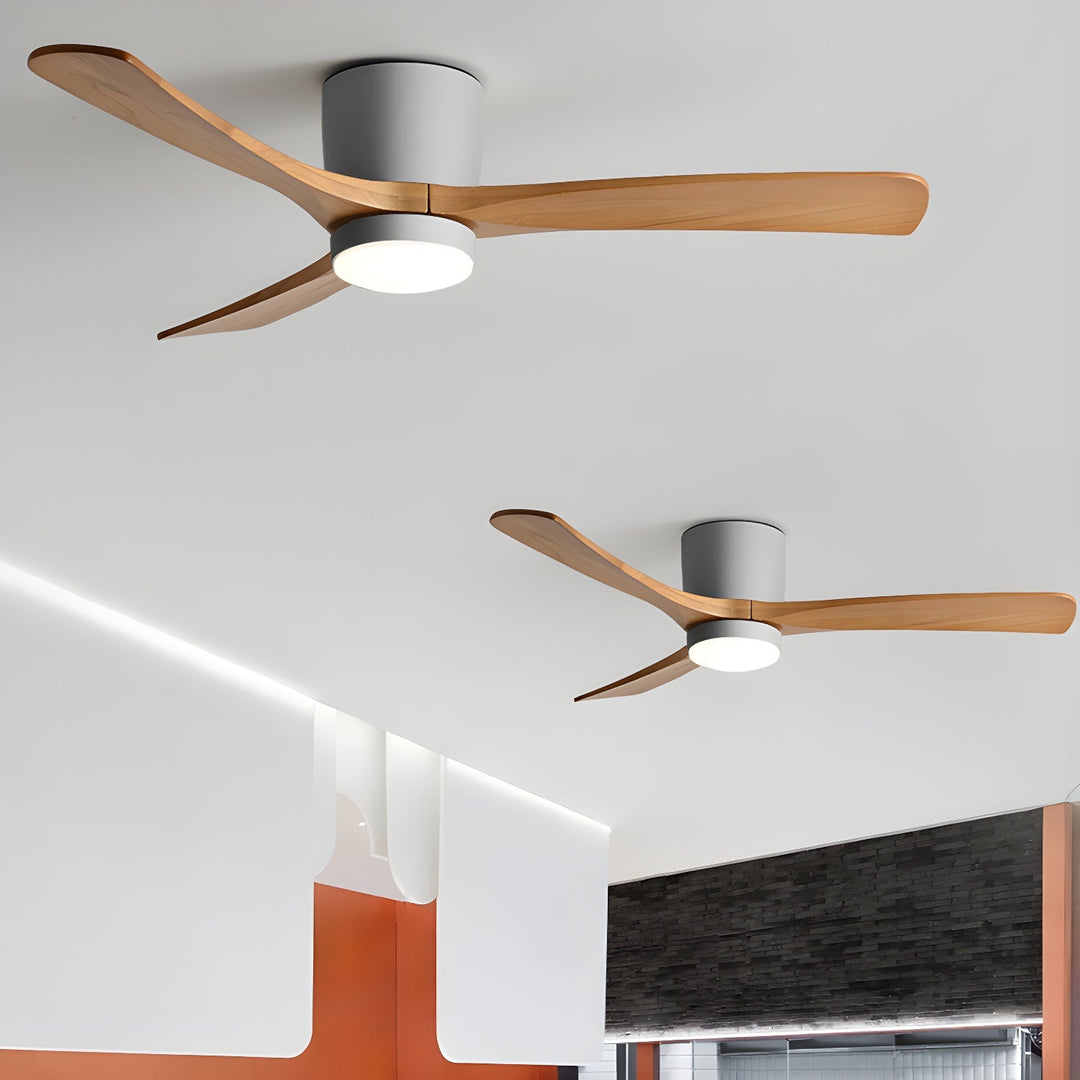Functional wooden ceiling fan, Nordic design, with a powerful LED light and remote control.