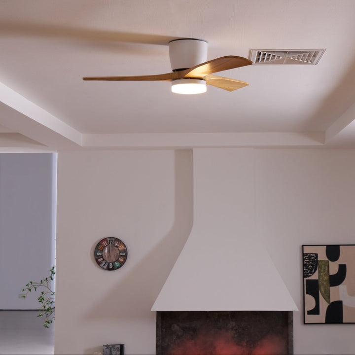 Stylish ceiling fan with wooden blades, LED light, & remote, a perfect blend for modern homes.