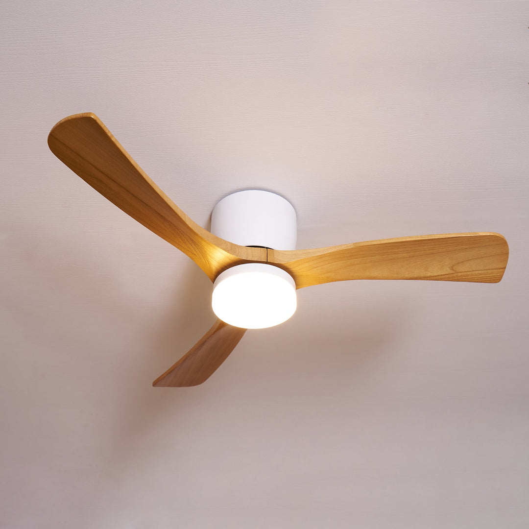 Nordic wooden ceiling fan with remote & LED light, adding warmth & airflow to your space.