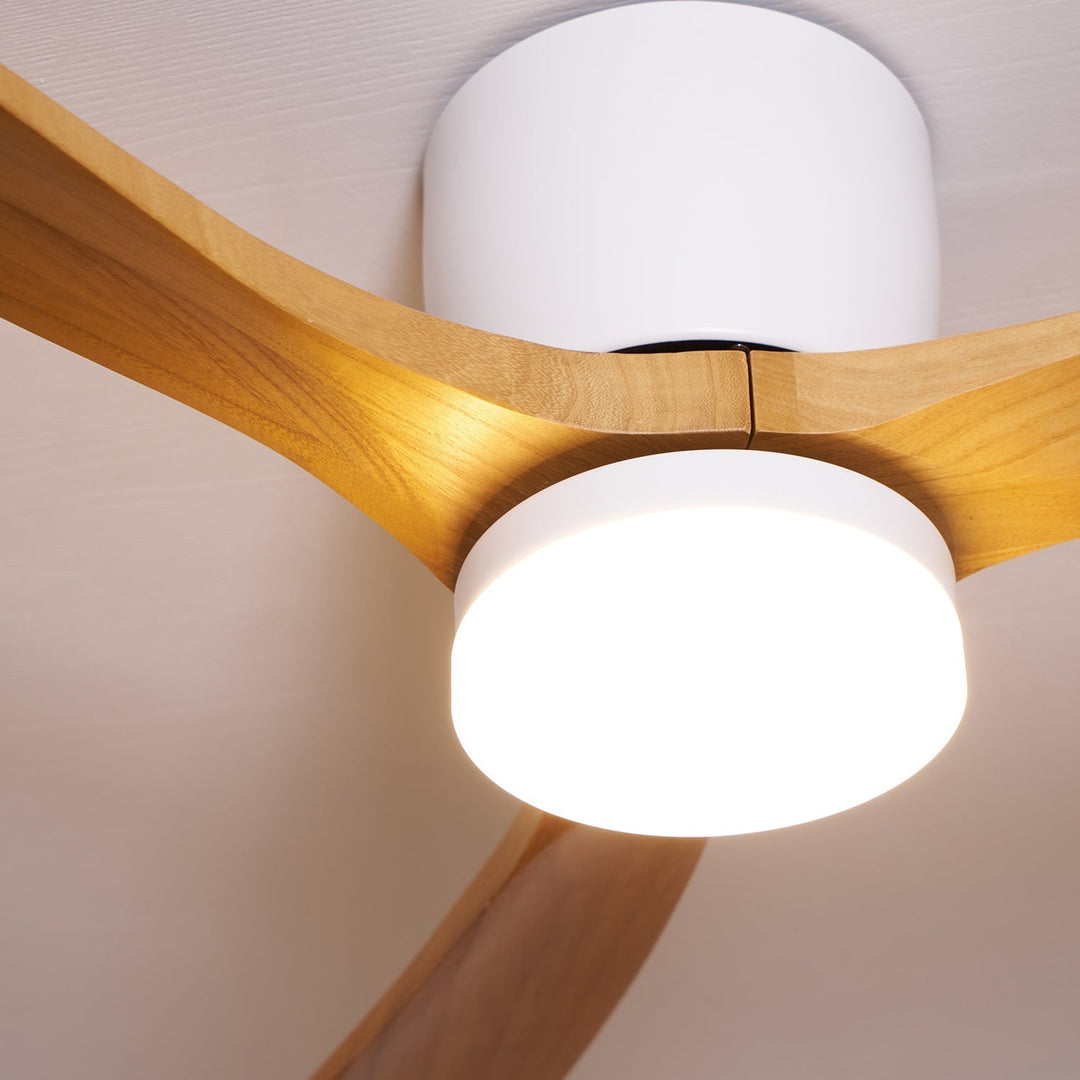 Modern wood ceiling fan featuring LED light & remote control for ultimate home comfort.