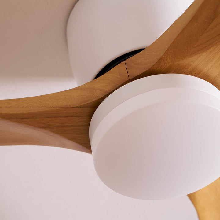 Elegant Nordic wooden ceiling fan with remote, providing both cooling and bright LED light.