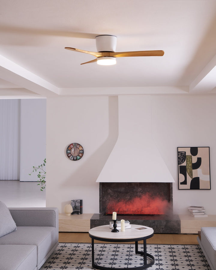 Sleek wooden ceiling fan with integrated LED light, remote control for modern home aesthetics.