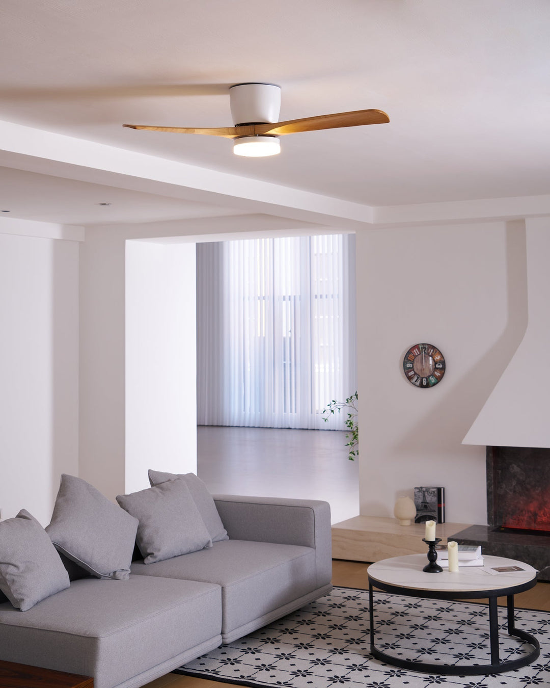 Quiet wooden ceiling fan, Nordic style, with LED illumination & convenient remote access.