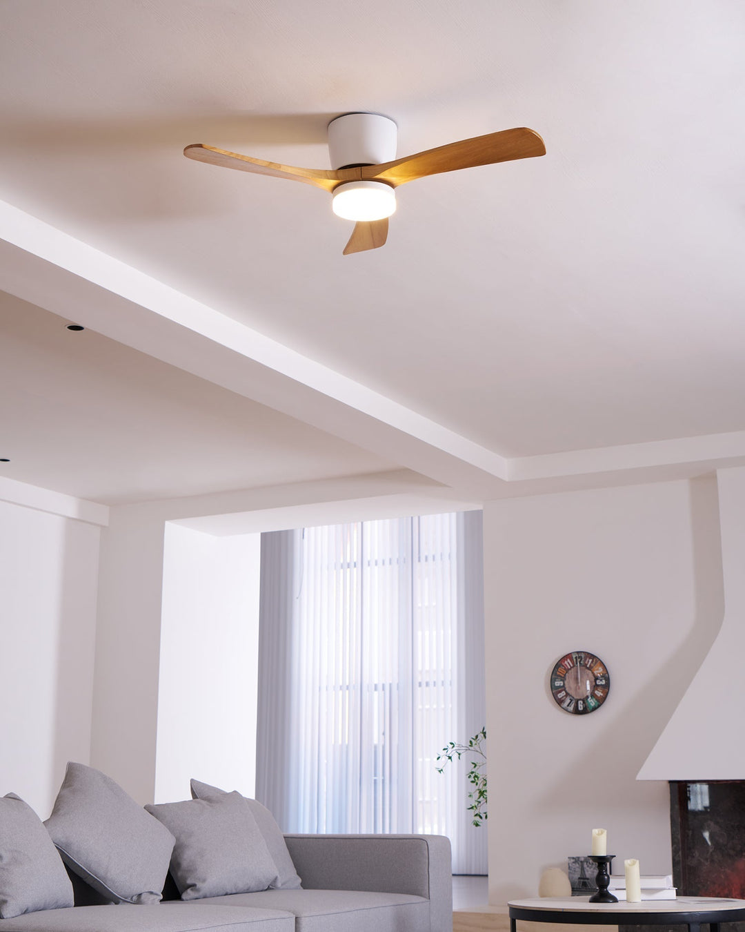 Contemporary wooden ceiling fan with remote and bright LED light for ideal interior lighting.