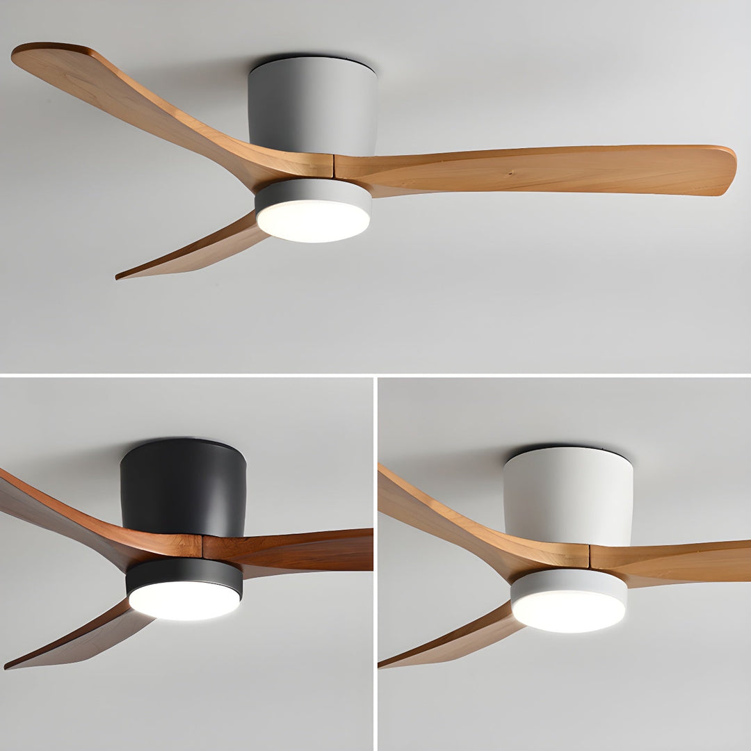 Modern Nordic wood ceiling fan featuring remote control for quiet air circulation & bright LED light.