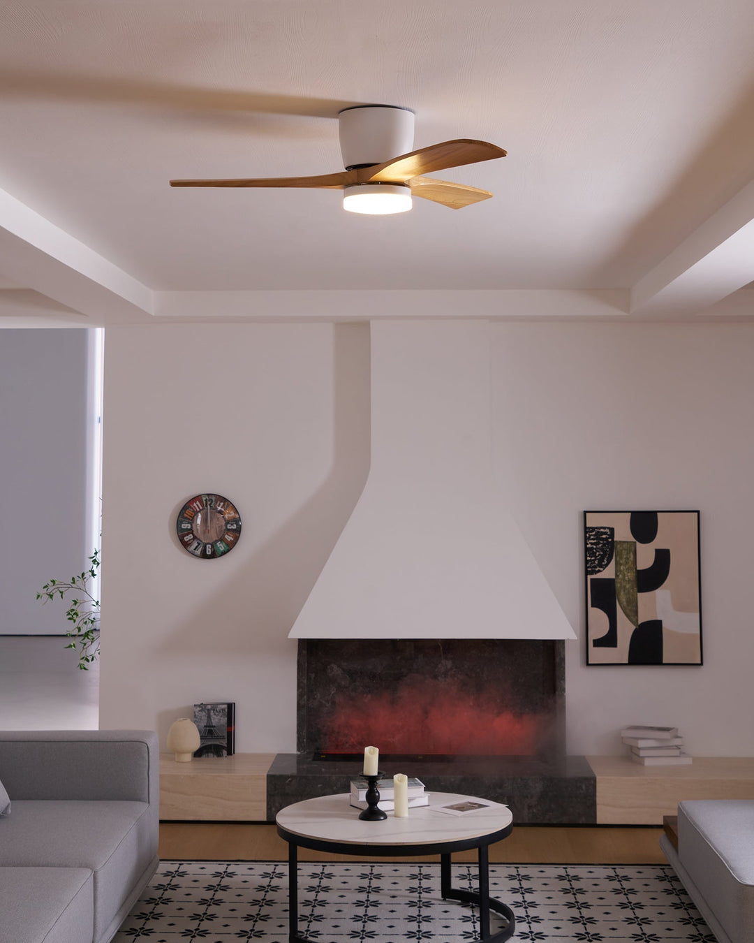 Wood blade ceiling fan with remote control & energy-efficient LED light, perfect home update.