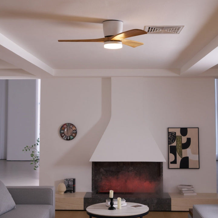 Home decor Nordic wooden ceiling fan with remote & LED light, a modern lighting solution.