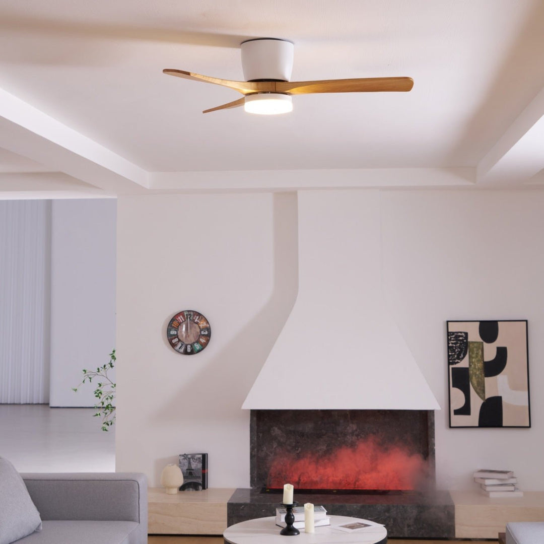 Functional wooden ceiling fan, remote-controlled LED light, ideal for contemporary spaces.