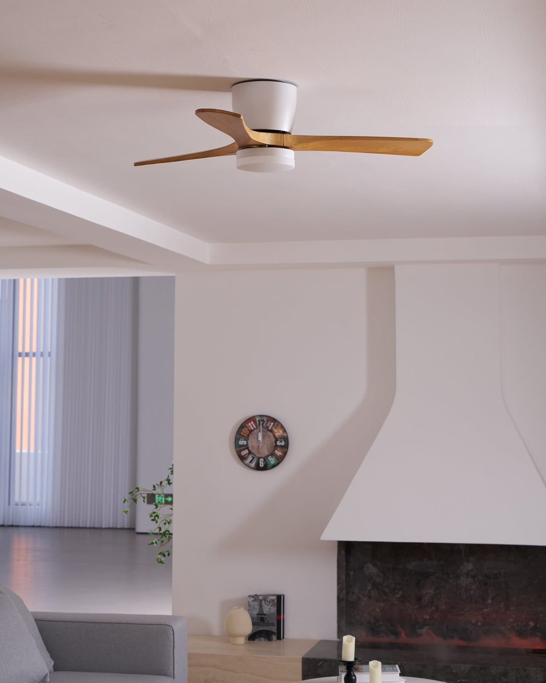 Beautiful wooden ceiling fan with bright LED light & remote control, enhancing room ambiance.