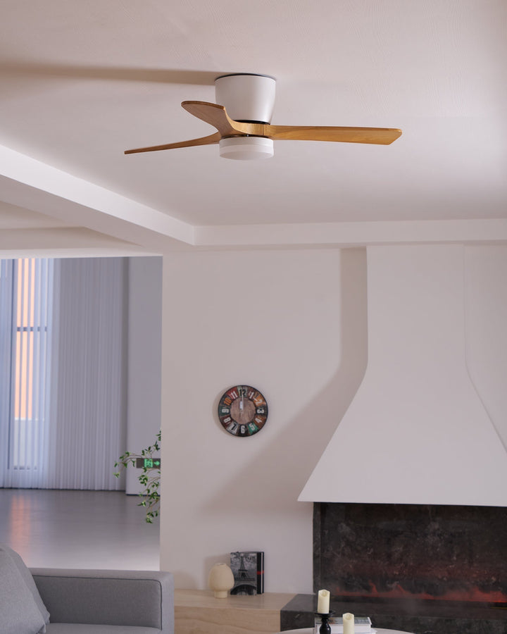 Beautiful wooden ceiling fan with bright LED light & remote control, enhancing room ambiance.