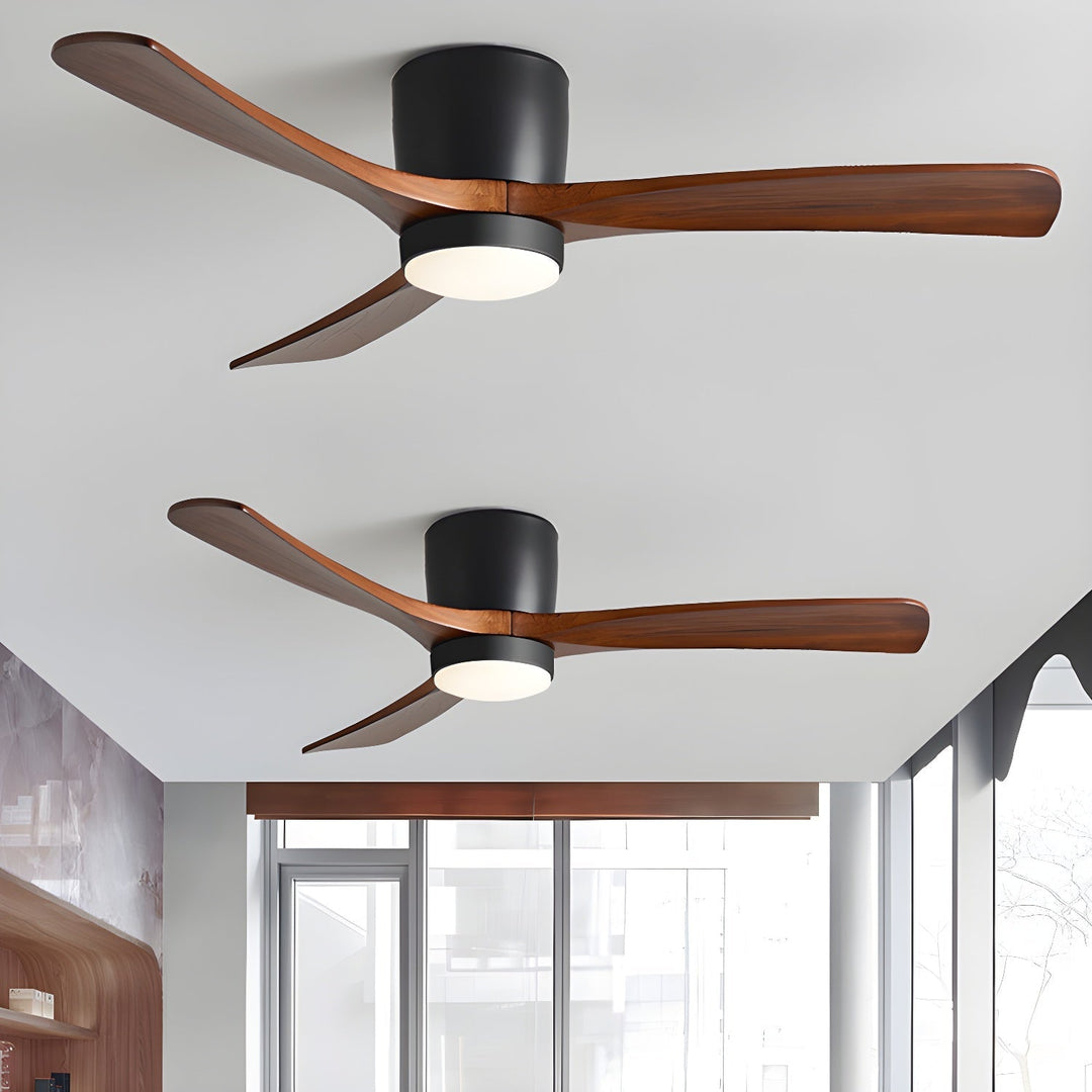 Efficient Nordic wooden ceiling fan featuring LED light & remote for modern home comfort.