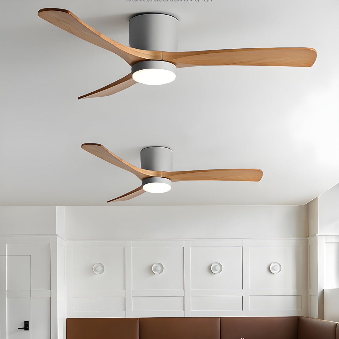 Sleek wooden ceiling fan with integrated LED light & remote, perfect for contemporary homes.