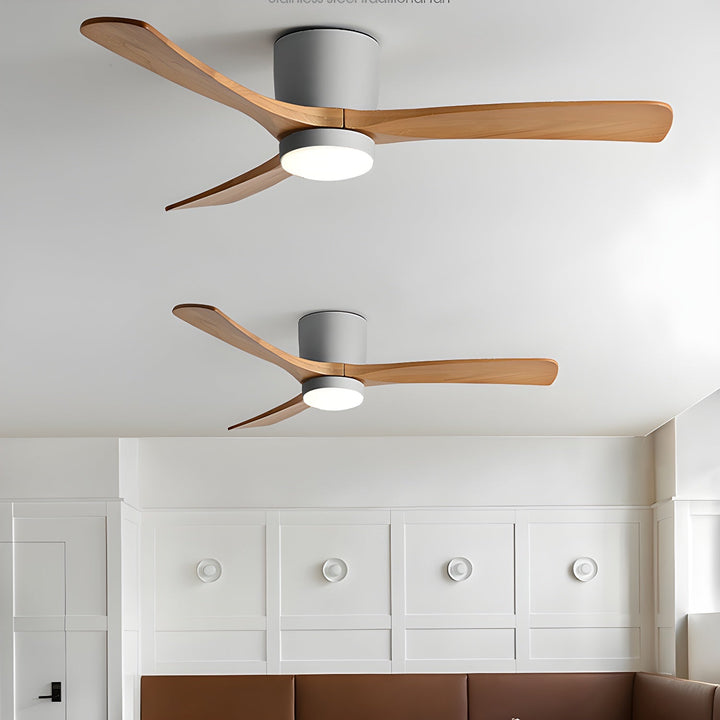 Sleek wooden ceiling fan with integrated LED light & remote, perfect for contemporary homes.