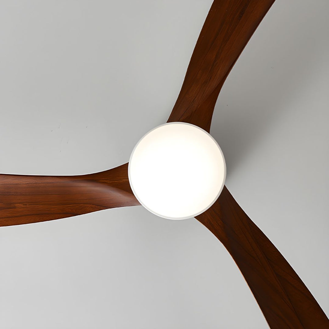 Stylish wood blade ceiling fan with remote control and energy-efficient LED lighting.