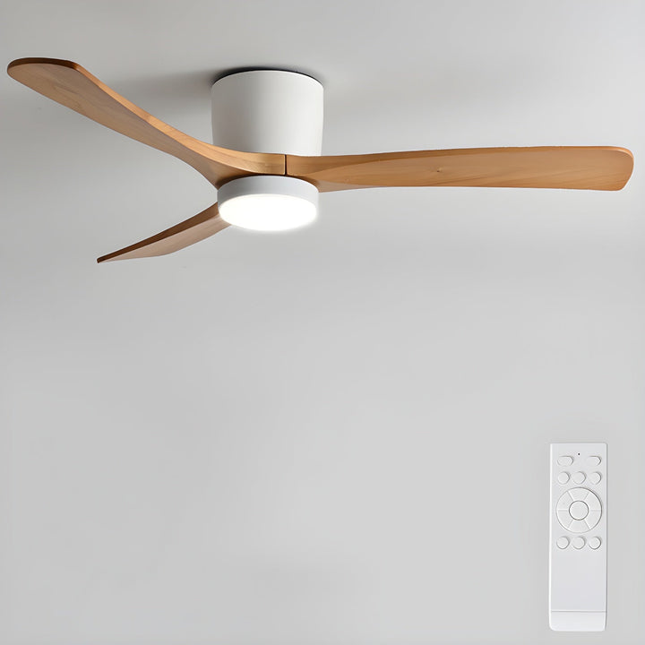 Contemporary wooden ceiling fan offering quiet operation, LED light, and remote control ease.