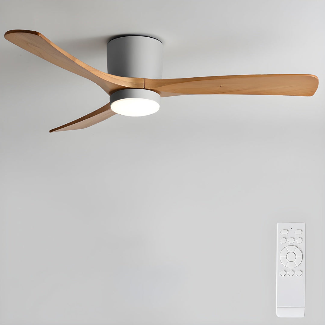Functional Nordic wooden ceiling fan, a modern lighting solution with remote-controlled LED.