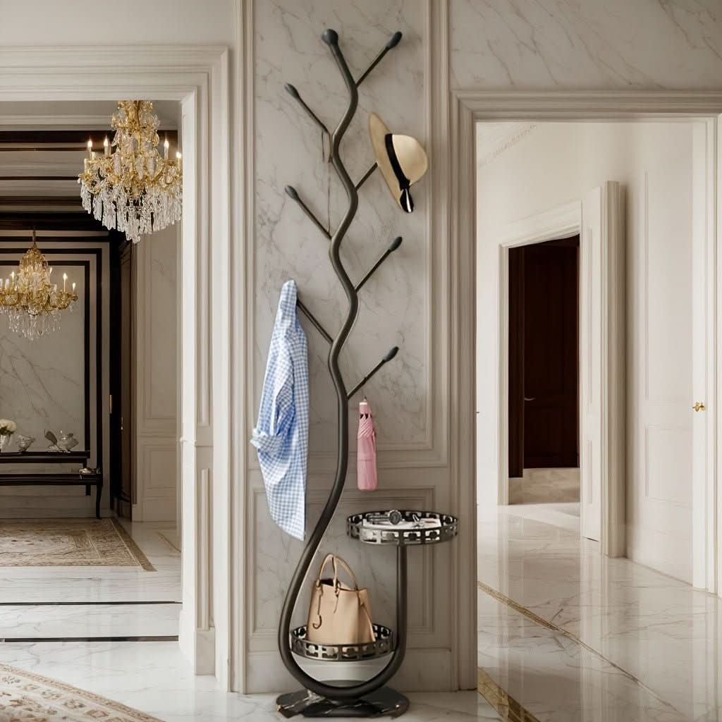 Oakmere minimalist standing coat rack, a modern hallway organizer in Scandinavian style for home entryway storage.