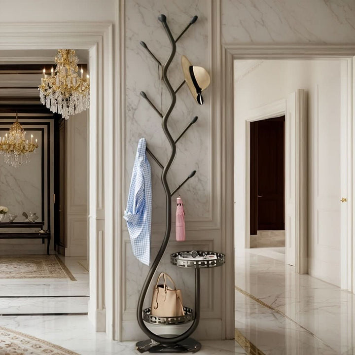 Oakmere minimalist standing coat rack, a modern hallway organizer in Scandinavian style for home entryway storage.
