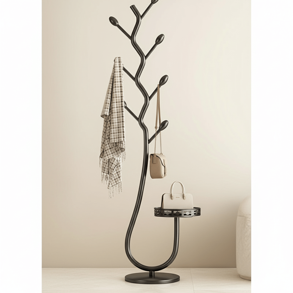 Stylish Oakmere standing coat rack for home organization. Minimalist entryway furniture, perfect storage solution.