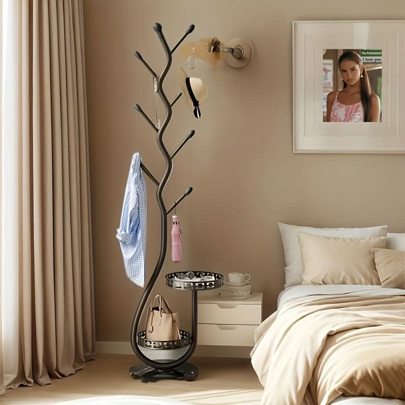 Oakmere wood standing coat rack, a sleek and functional hallway organizer for modern home decor and storage.