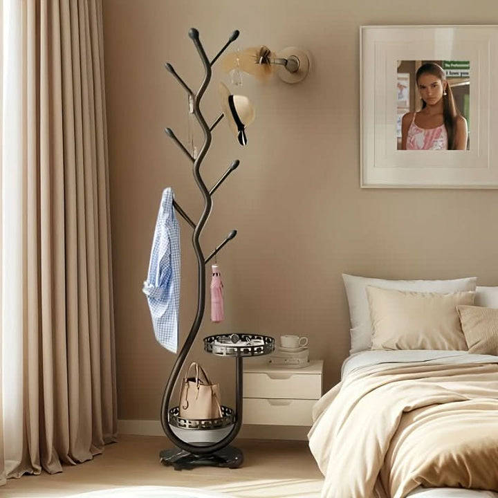 Oakmere wood standing coat rack, a sleek and functional hallway organizer for modern home decor and storage.