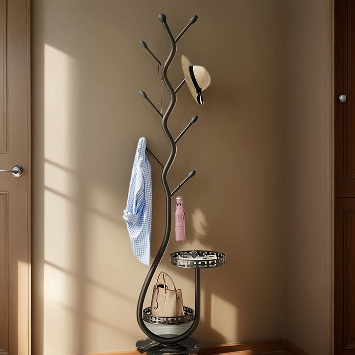 Elegant Oakmere standing coat rack, ideal minimalist decor & practical storage solution for your entryway.