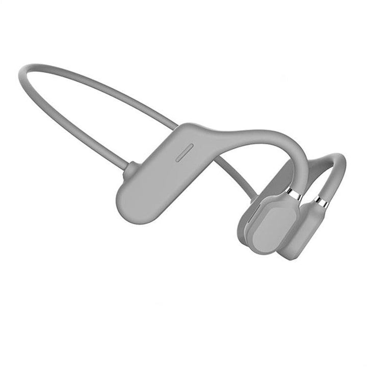 Front view of black open-ear wireless headphones, showcasing sleek design & secure fit for sports.
