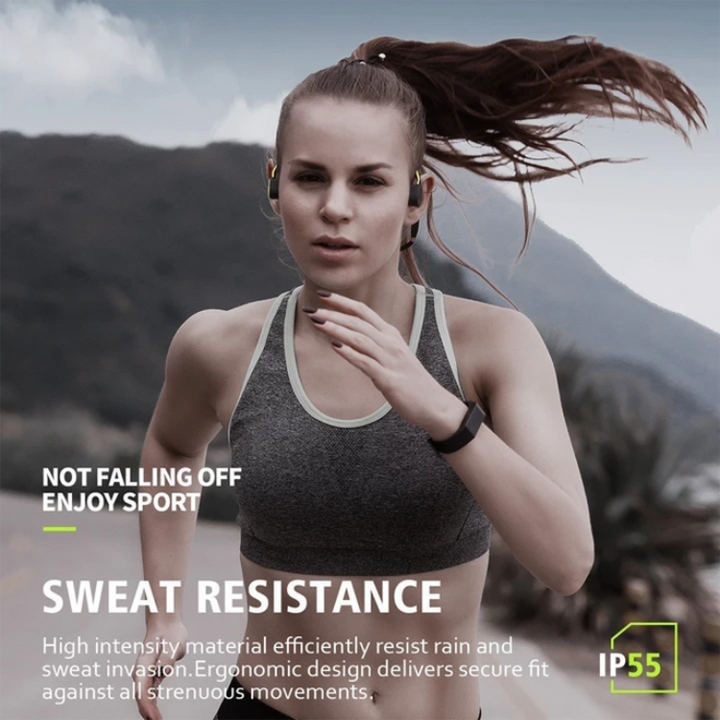 Safety open-ear wireless headphones allowing ambient sound, perfect for outdoor activities & running.