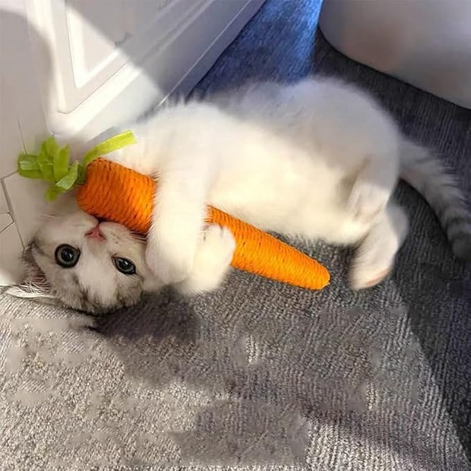 Orange carrot-shaped sisal cat scratching toy, a fun and durable accessory for playful house cats.